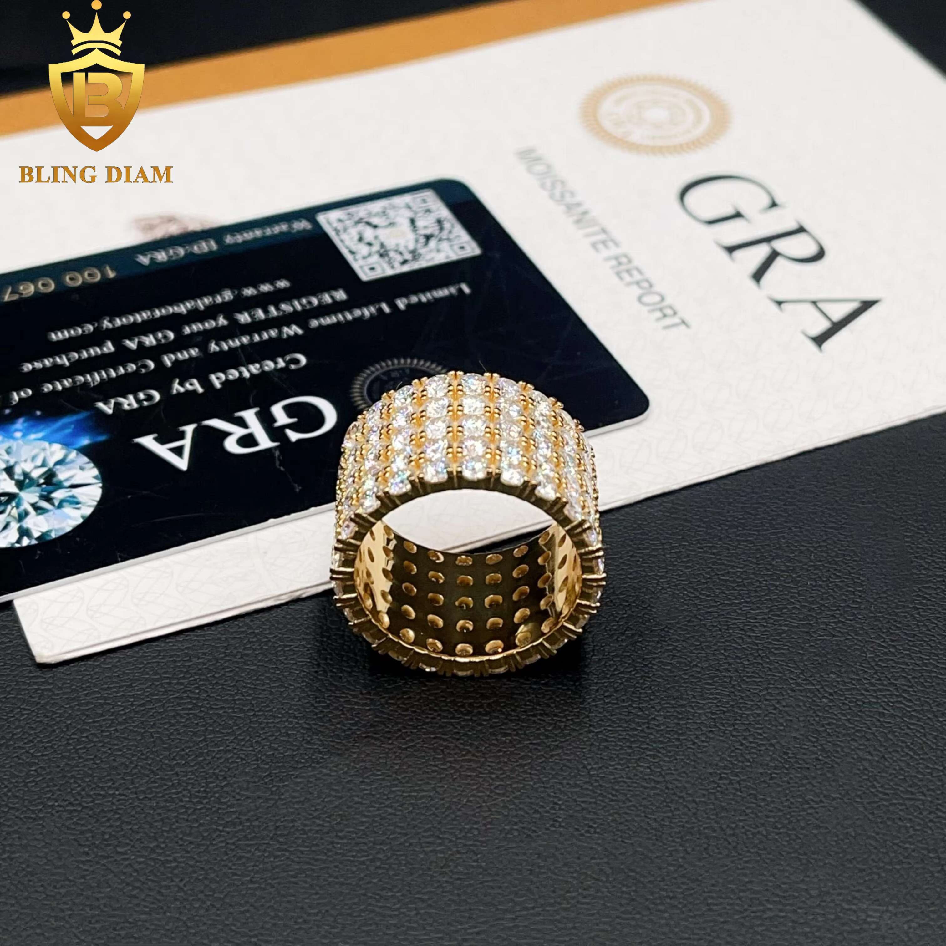 Hip Hop Jewelry 925 Sterling Silver VVS Moissanite Fully Iced 5 Rows Diamond Iced Out Ring for Men