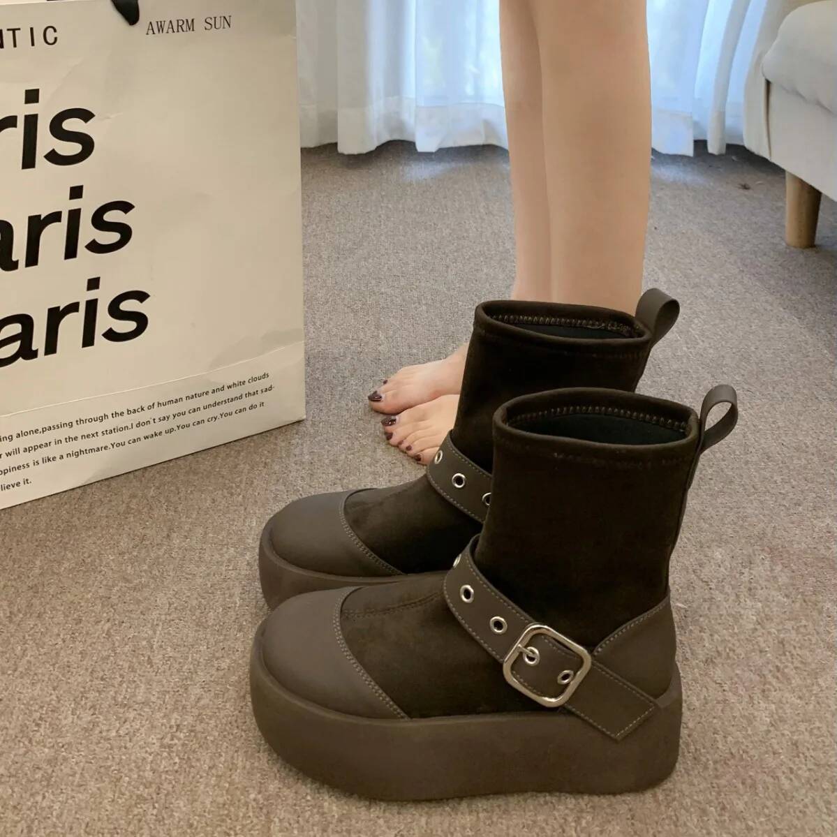 Ddmyoutdoor Punk Heel Platform Women Chunky Heels Fashion Buckle Motorcycle Boots Woman Black White Thick Bottom Ankle Booties Outdoor Shoes