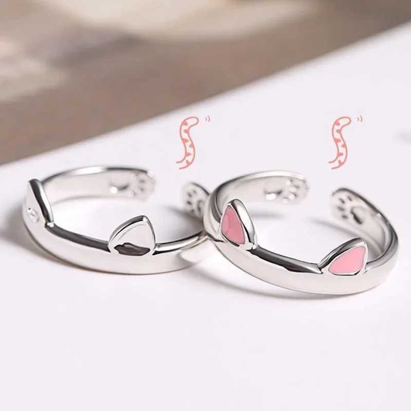 2Pcs Cute Cat Rings for Women Girls Adjustable Cat Ears Paw Animal Finger Ring Couple Cartoon Little Cat Kitten Gift Jewelry W250606