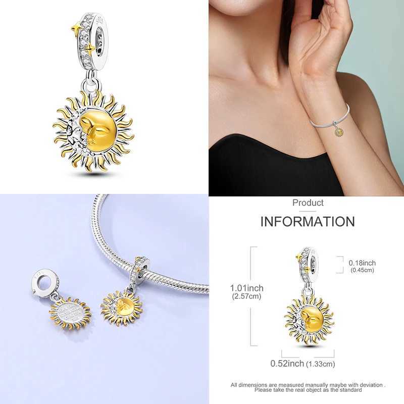 925 Silver Charms Golden Sunflower Lucky Stars Pendant Beads Fit Original Bracelet Necklace Sun Moon Diamond Women Jewelry DIY XJ250607