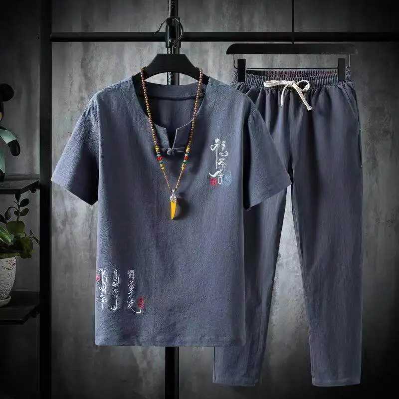 (Shirt + trousers) 2025 summer Chinese Style men shirt Cotton and linen shirts mens High quality casual shirts Two Piece M-5XL W250609