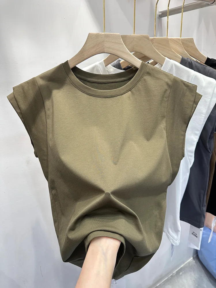 Internet Flying Sleeve T-shirt for Women with Round Neck Minimalist Slim Fit Sleeveless Top for Summer 250605