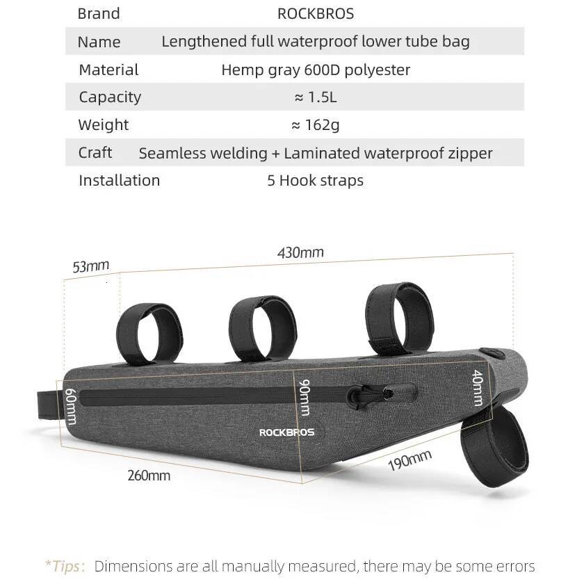 ROCKBROS Bicycle 1.5L Front Tube Triangle Length Double Zipper Cycling Outdoor Scratch-resistant Bike Waterproof Bag