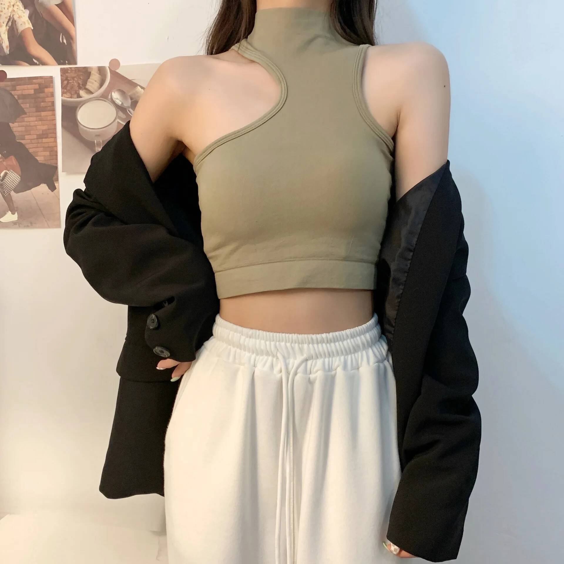Cut Out Sexy Crop Off Shoulder Solid 2024 Skinny Sport Short Women Tank Irregular Summer Sports Tops