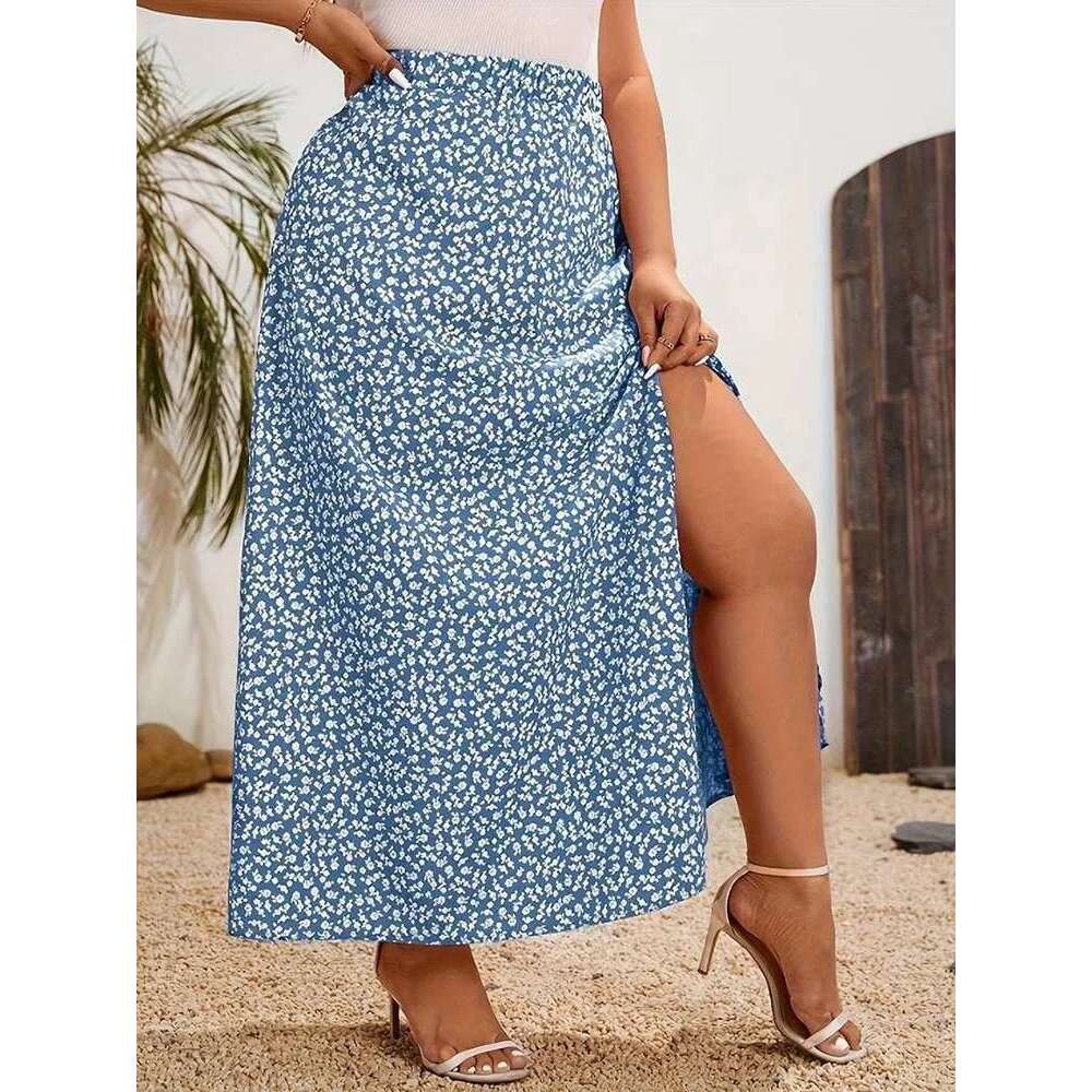 GIBSIE Plus Size Ditsy Floral Split Long Skirts Women Summer Holiday Style High Waist Print Boho A-Line Skirt Female Bottoms