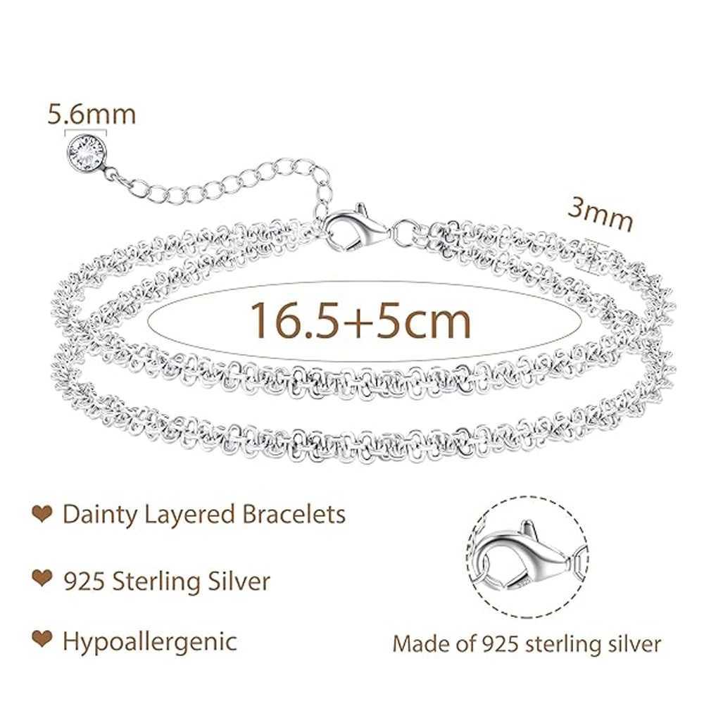925 Sterling Silver Bracelets for Women Layered Dainty Link Chain Bracelet Adjustable Stackable Beaded Bracelets for Women Girls W250606