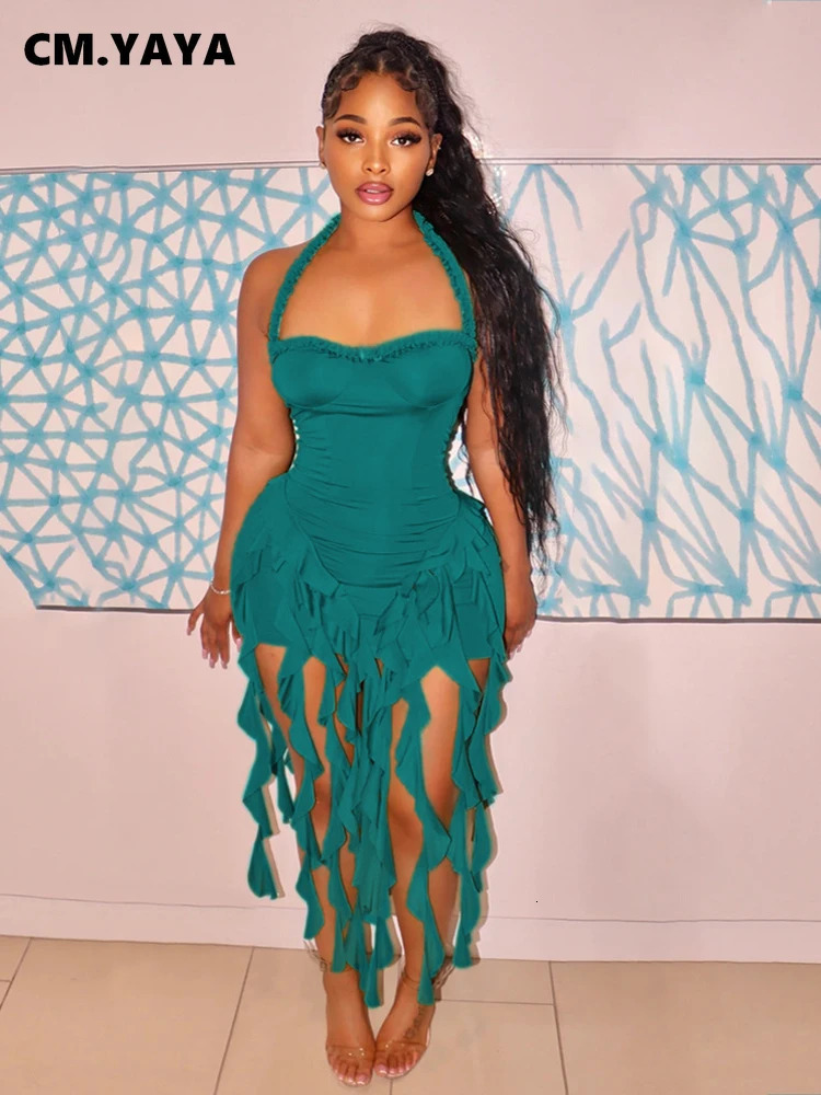 CM.YAYA Women Sleeveless Strapless Halter Long Dress Summer Streetwear Beach Tassel Evening Sexy Night Party Dresses Vestidos 250605