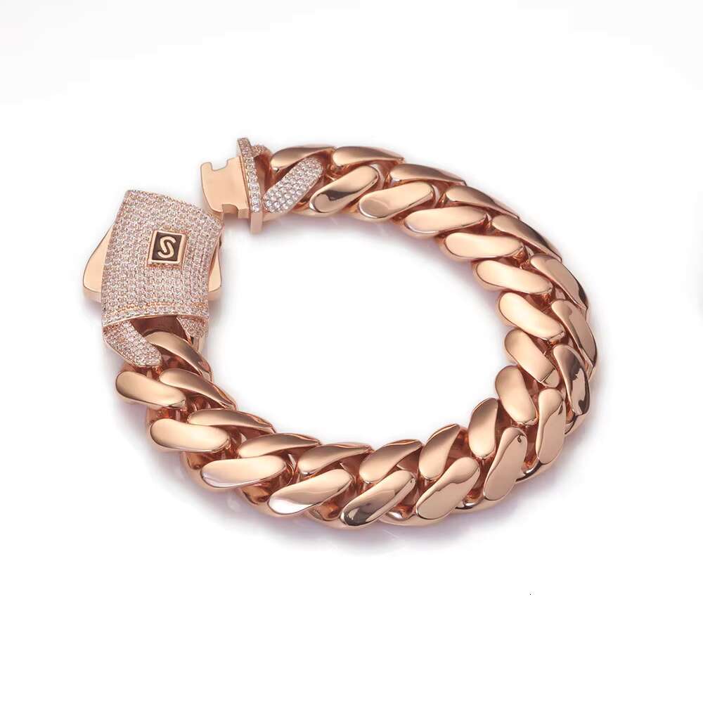 NUOYA Rose Gold Cuban Link Chain Necklace with Iced Out Diamond Clasp Thick Flat Monaco Cuban Chain Hip Hop Jewelry Gift