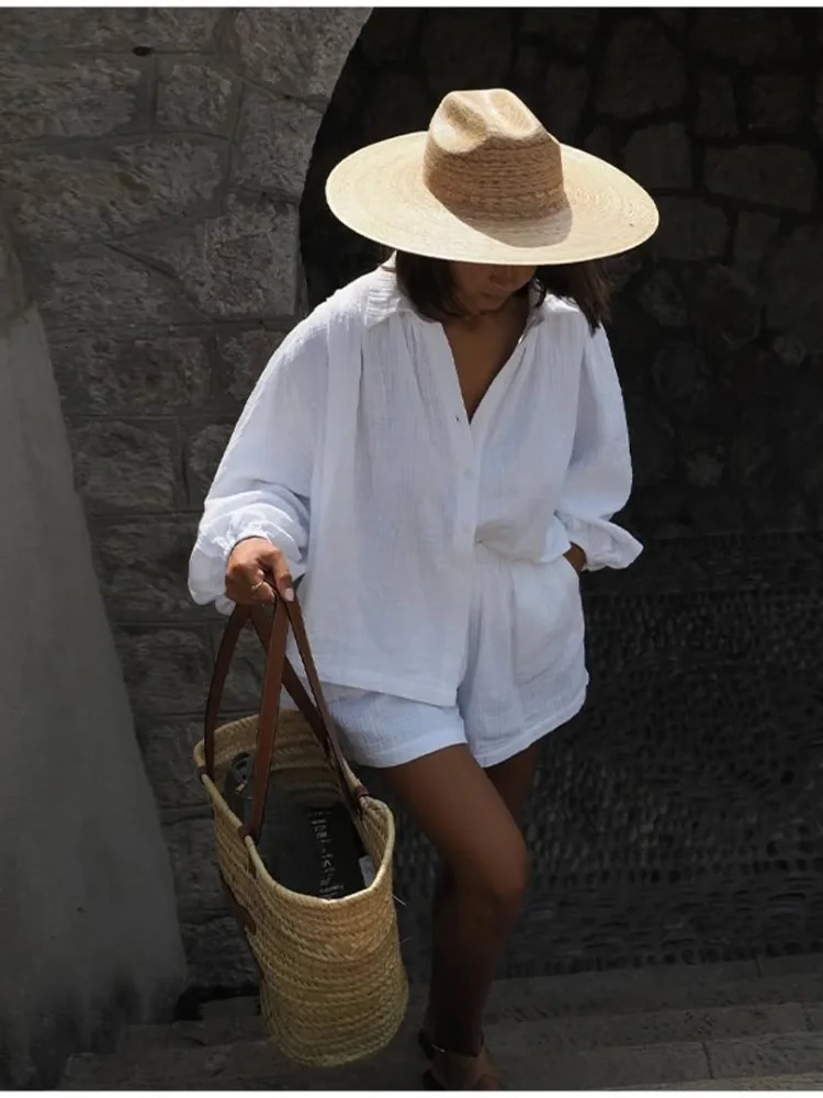 Solid Cotton Linen Button Shirt Set For Women Casual Elastic Waist Wide Leg Short Pants Suit 2025 Summer Daily Commute Outfit 250605