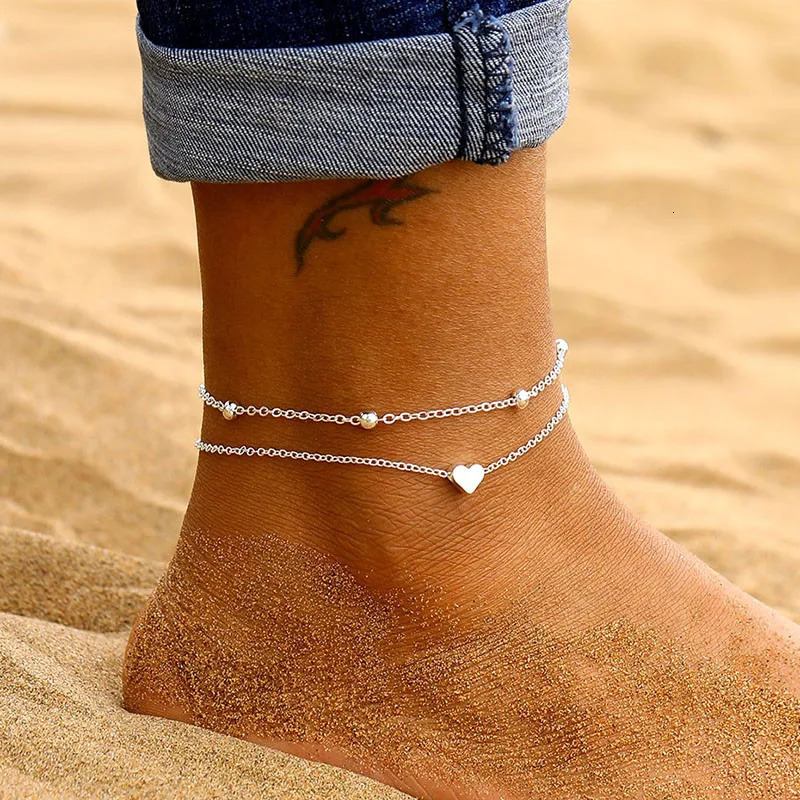 LETAPI Two Layers Chain Heart Style GoldSilver Color Anklets For Women Bracelets Summer Barefoot Sandals Jewelry On Foot Leg 250528