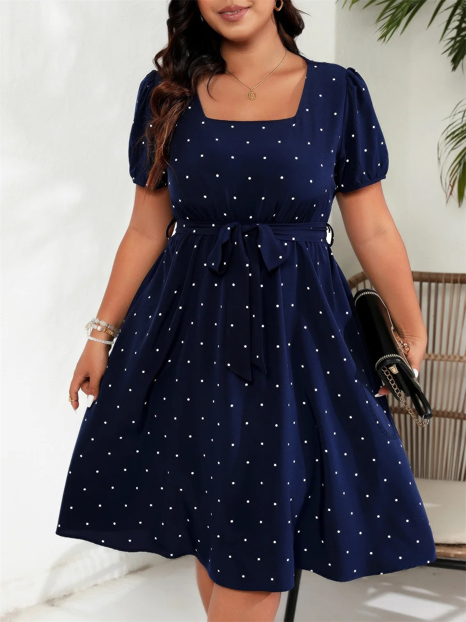 GIBSIE Plus Size Square Neck Polka Dot Belted Dress Elegant Retro Puff Sleeve High Waist Summer Aline Big Swing Dresses 250526