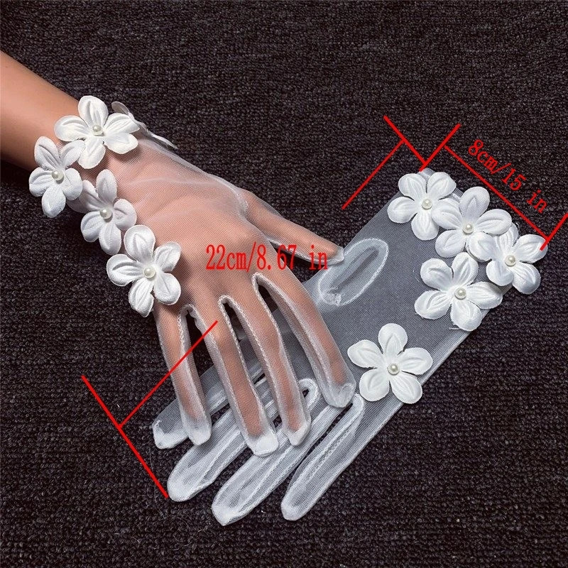Korean Simple Short White Transparent Mesh Flower Pearl Wedding Dresses Gloves For Bride Evening Parties etiquette Accessories 250603