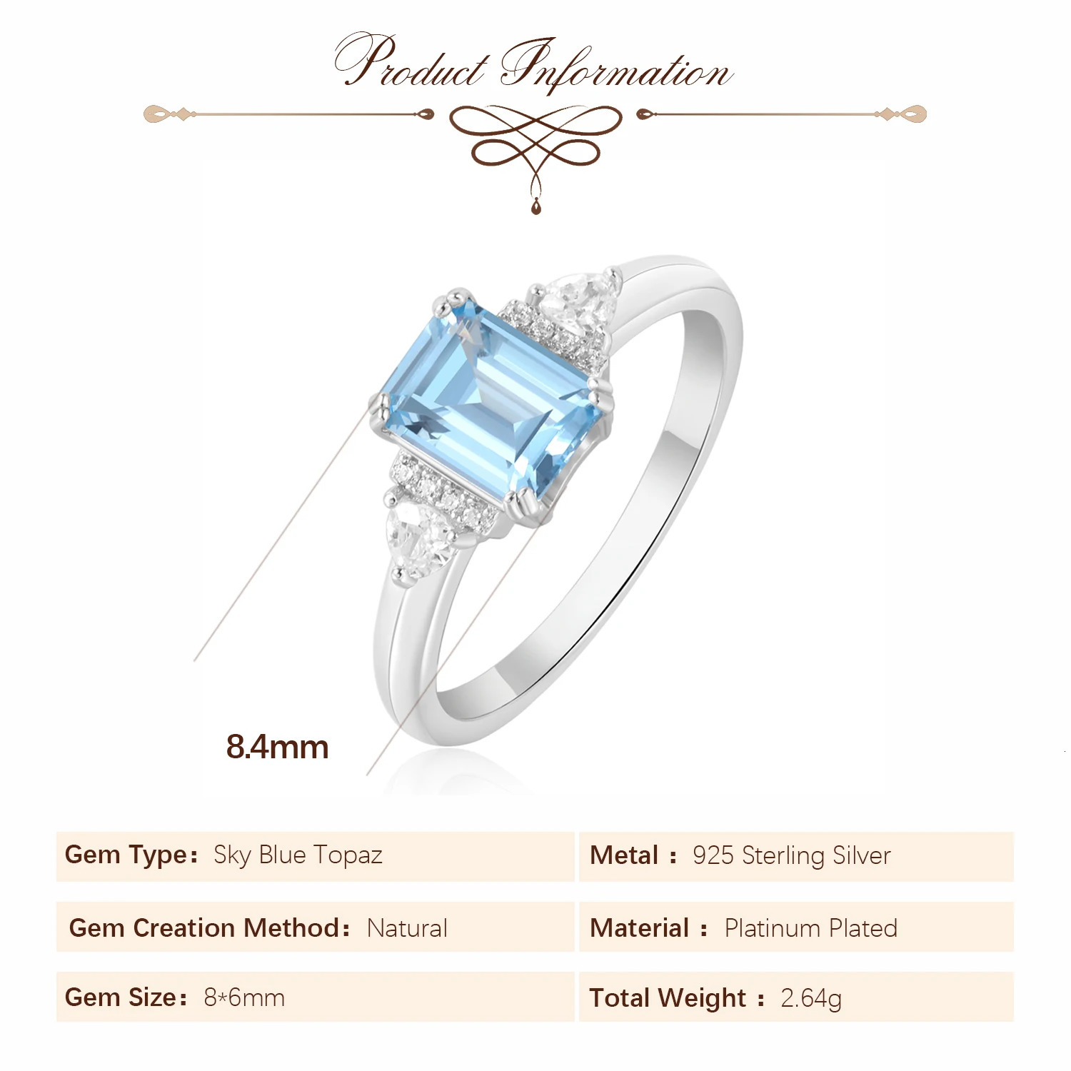 Potiy Sky Blue Topaz Emerald Cutring rings for women gift 925 sterling silver jewelry Free delivery elegant valentines fashion 250604