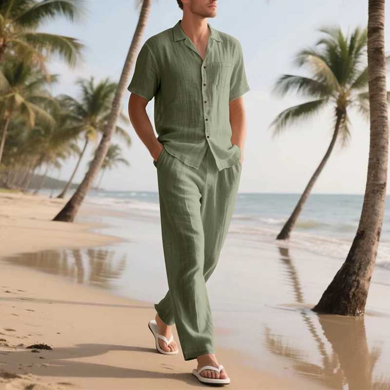 Summer New Casual Mens Linen Outfits Vacation Leisure Solid Color Two Piece Suits Men Fashion Short Sleeve Shirt And Pants Sets W250609
