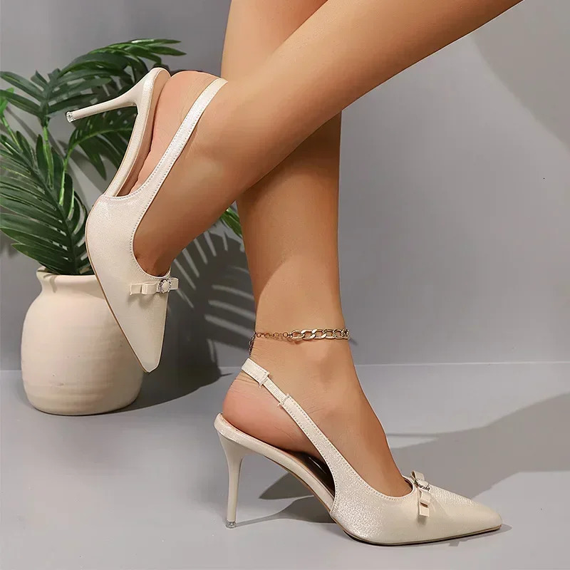 Elegant Silk High Heels Pumps for Women Autumn Bowtie Decor Thin Heeled Ladies Shoes Pointed Toe Slingbacks Party Shoes 250605