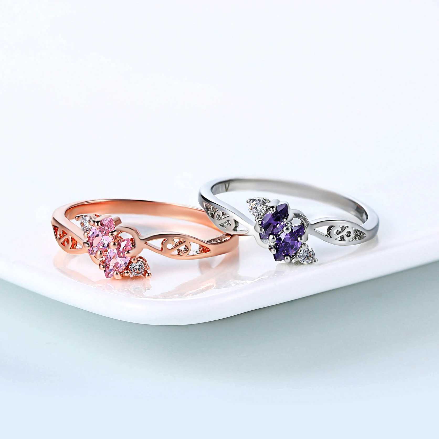 Delicate Pink Crystal Dainty Rings for Women Hollow Out Rose Gold Color CZ Princess Promise Dating Ring Fashion Jewelry R671 W250606