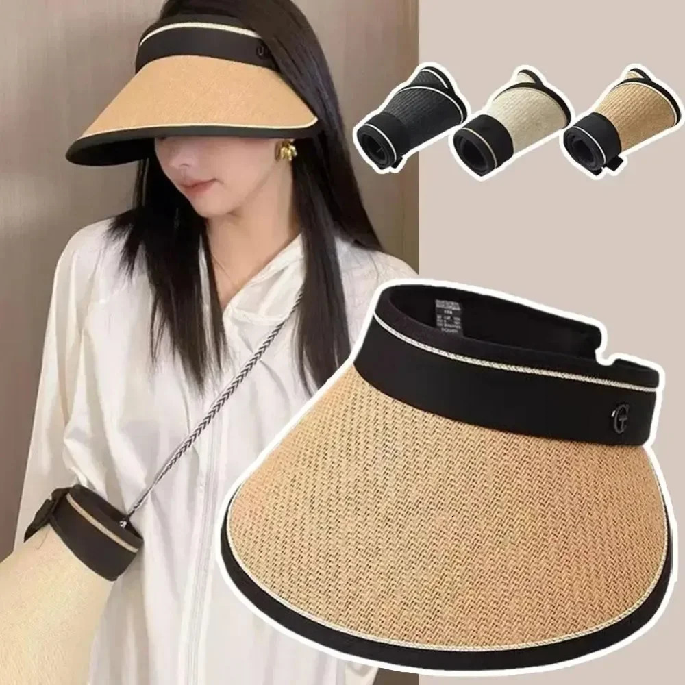 2025 Summer Empty Top Sun Hat Anti Uv Female Outdoor Visor Cap Casual Foldable Straw Shade Hat Wide Large Brim Beach Sunhat 250603