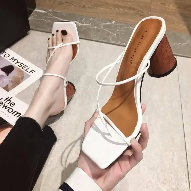 Ddmyoutdoor Wood Slipper Women S Vintage Square Toe Narrow Band High Heel Sandals Summer Shoes Ju Beach outdoor shoes