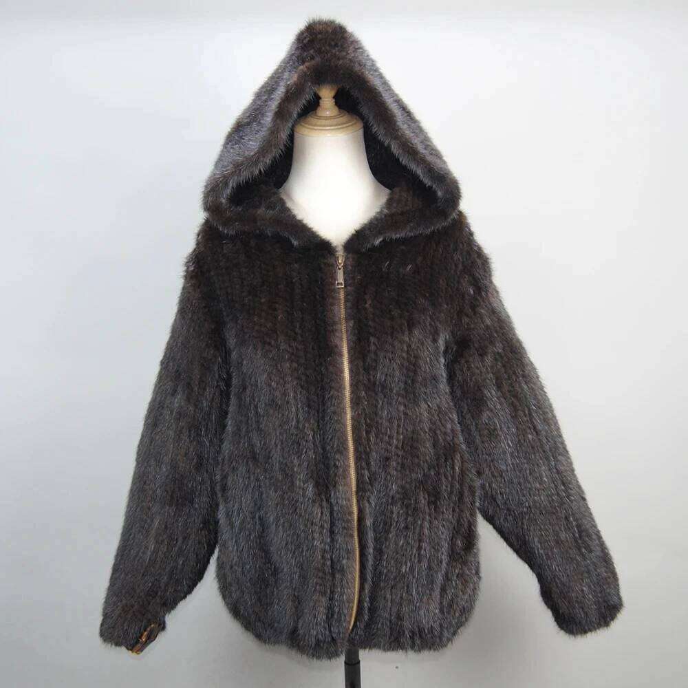 2025 New Women Mink Fur Coat Long-Sleeve Hooded Casual Fashion All-match Zipper Knitted Outerwear Jacket Custom Plus Size