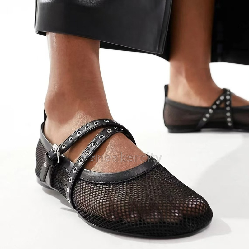 Mesh Leather Designer Loafers Flat Heels Women Shoes Hollow Ballet Flats Casual Comfort Soft Soled Dance Shoe Light Low Summer Elegant Mary Jane Sanda