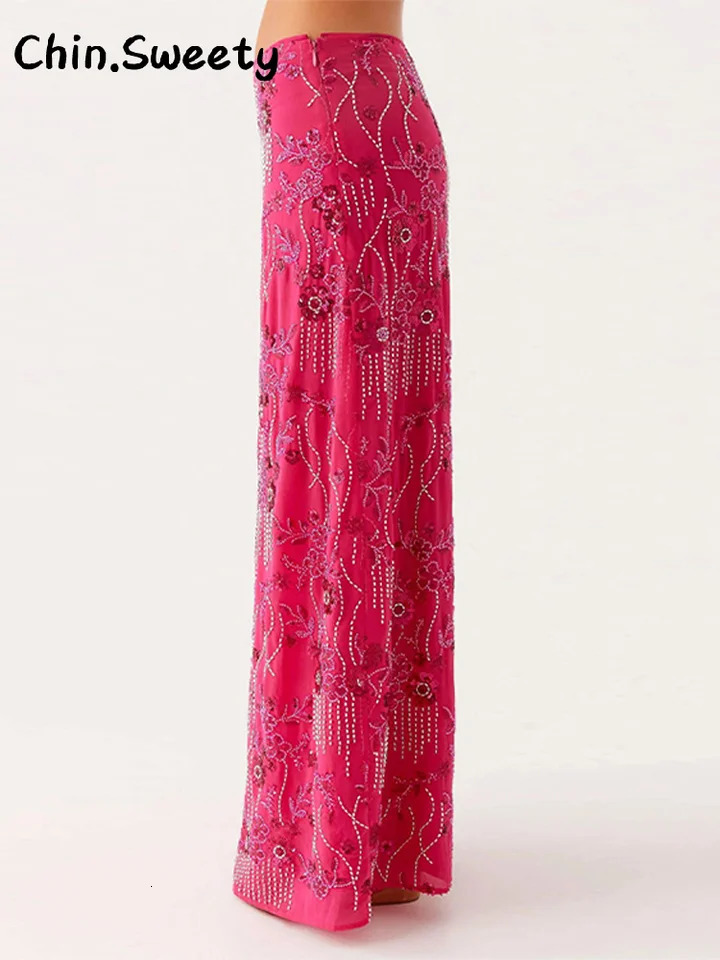 Sexy Beading Sequined Long Skirt Women Solid Low Waist Slim Straight Skirts Female 2025 Summer Lady Chic Beach Vacation Clothes 250605