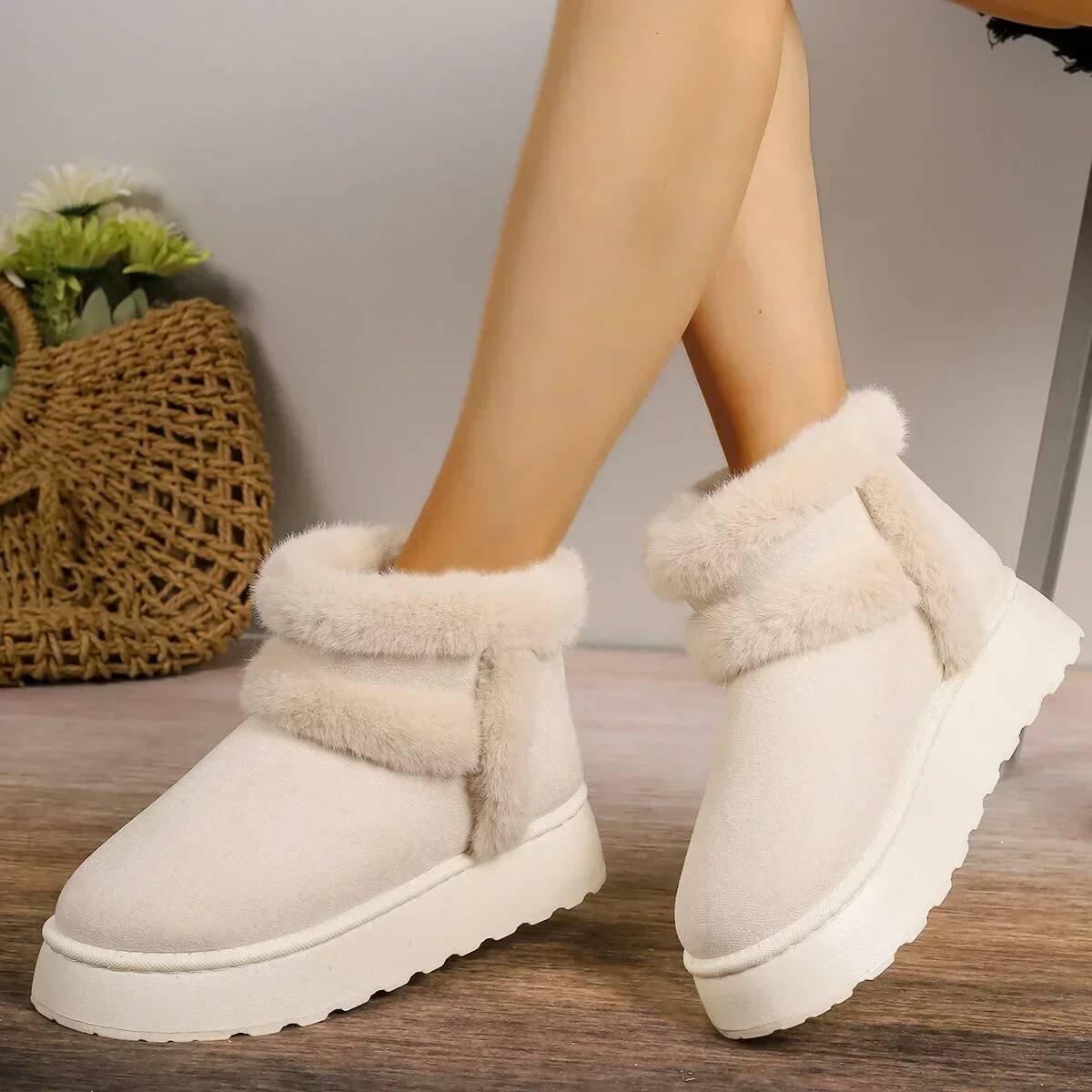 Ddmyoutdoor Women White Plush Boots Flat Bottomed Short Tube Thick Sole Platform Comfort Warm Snow Cotton Shoes Outdoor Shoes