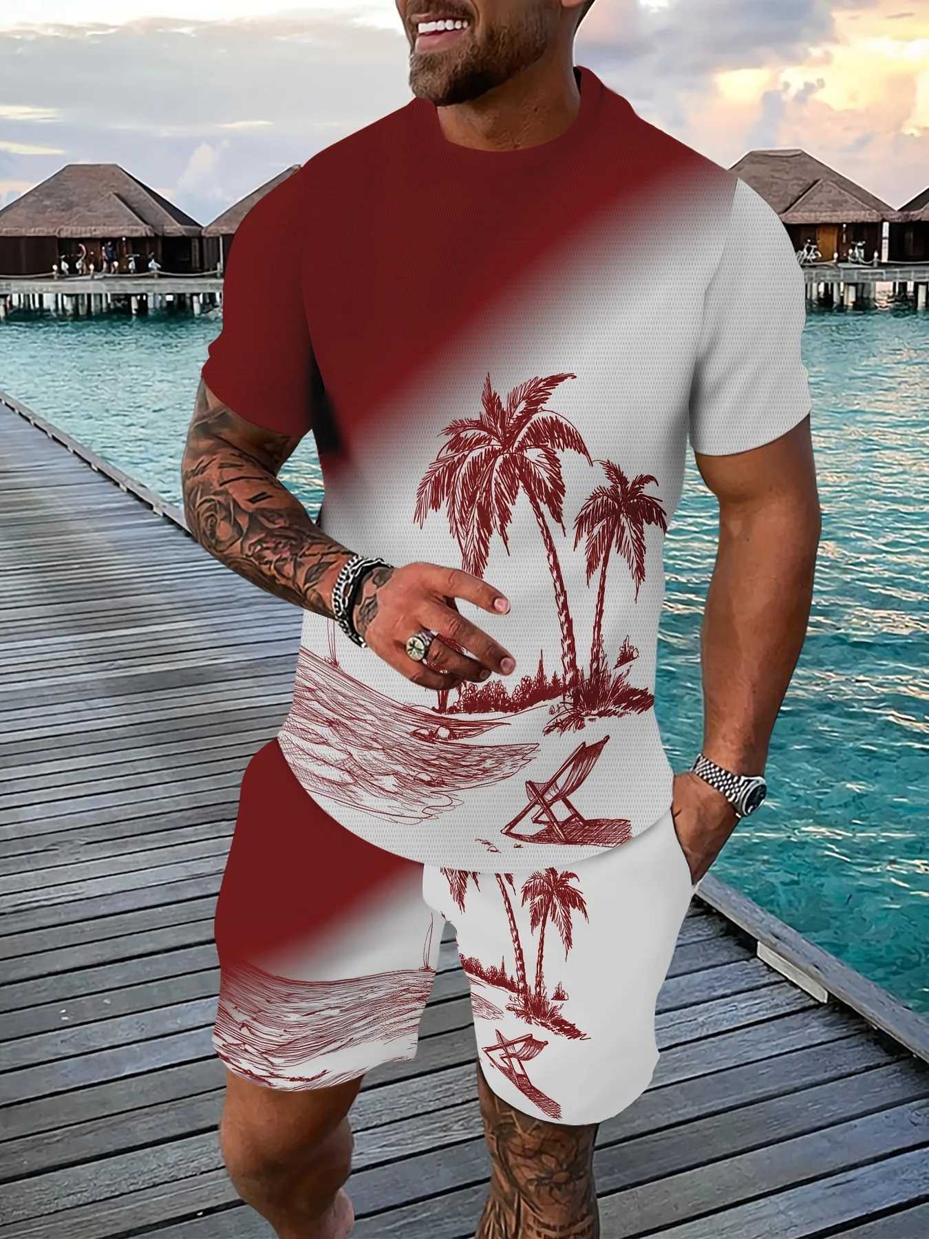 Hawaiian Style 3D Printed Mens T-shirt And Shorts Set Summer Everyday Mens Short Sleeves Outdoor Beach Mens Casual Shorts W250609