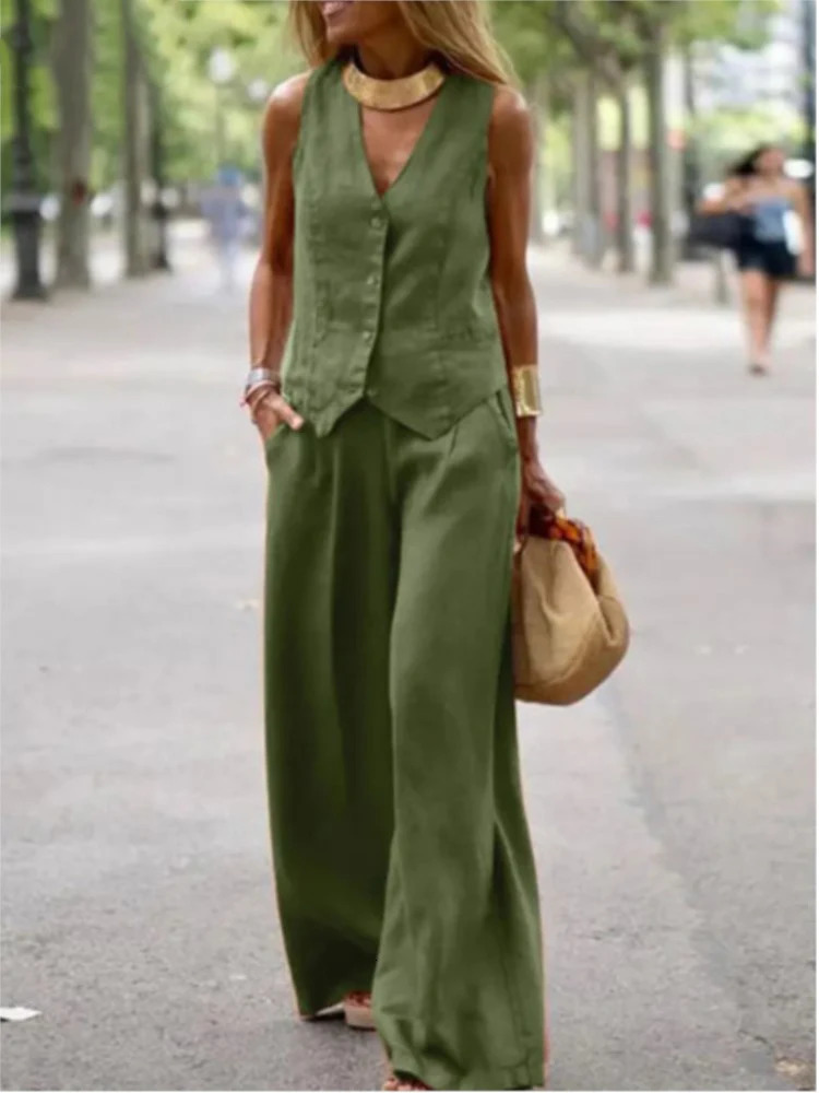 2025 Woman Elegant 2-Piece Pant Sets Casual Vest And Pants Sets Sleeveless Tops Suits 2pcs Outfits Wide Leg Trouser Sets 250605