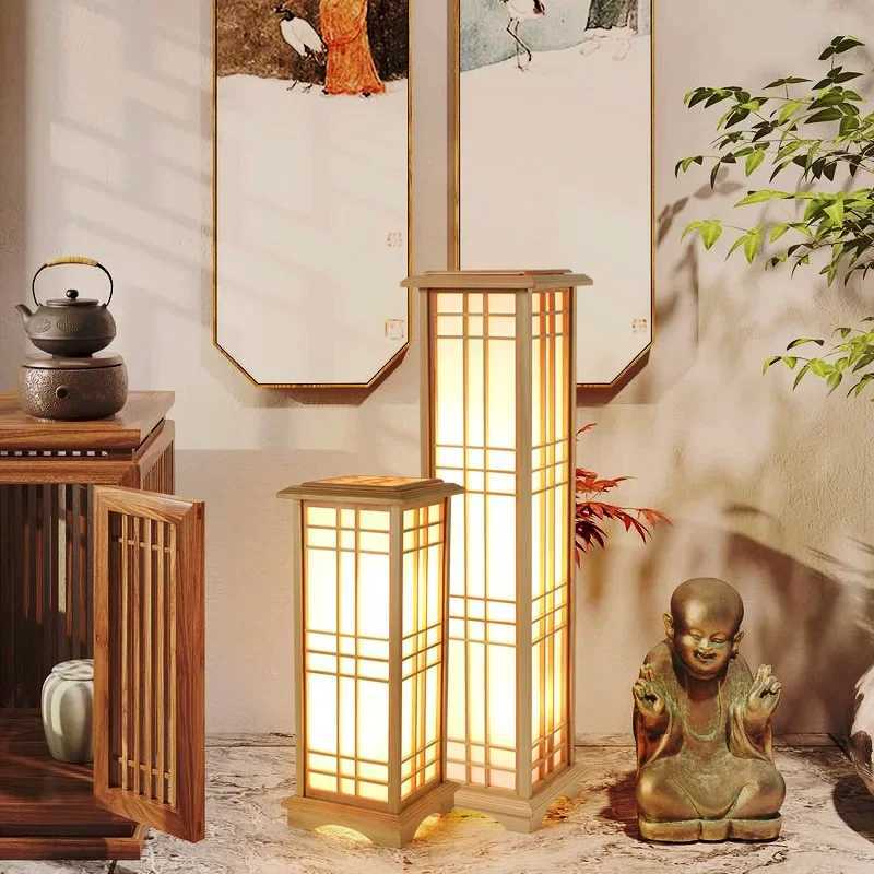 SANDYHA Japanese style wood Floor Lamp lamps for Living Room led lights bedroom decoration standing Study Lighting Square W250607