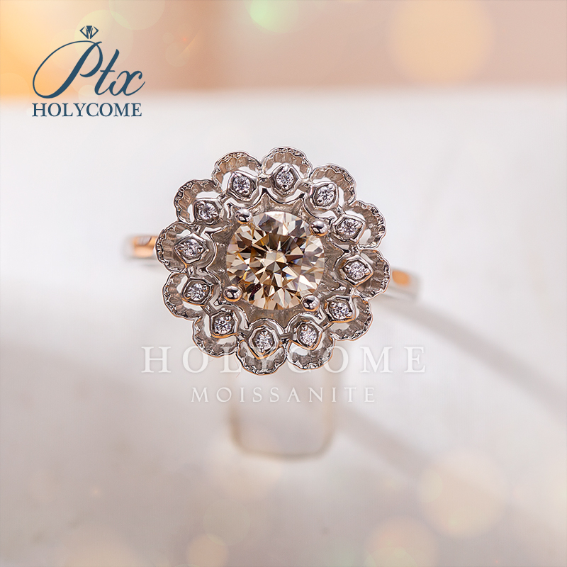 Women's 925 Sterling Silver Wedding Ring 1CT Champagne Moissanite Round Ice Flower Cut Party Gift Engagement Fashion Cluster Ring
