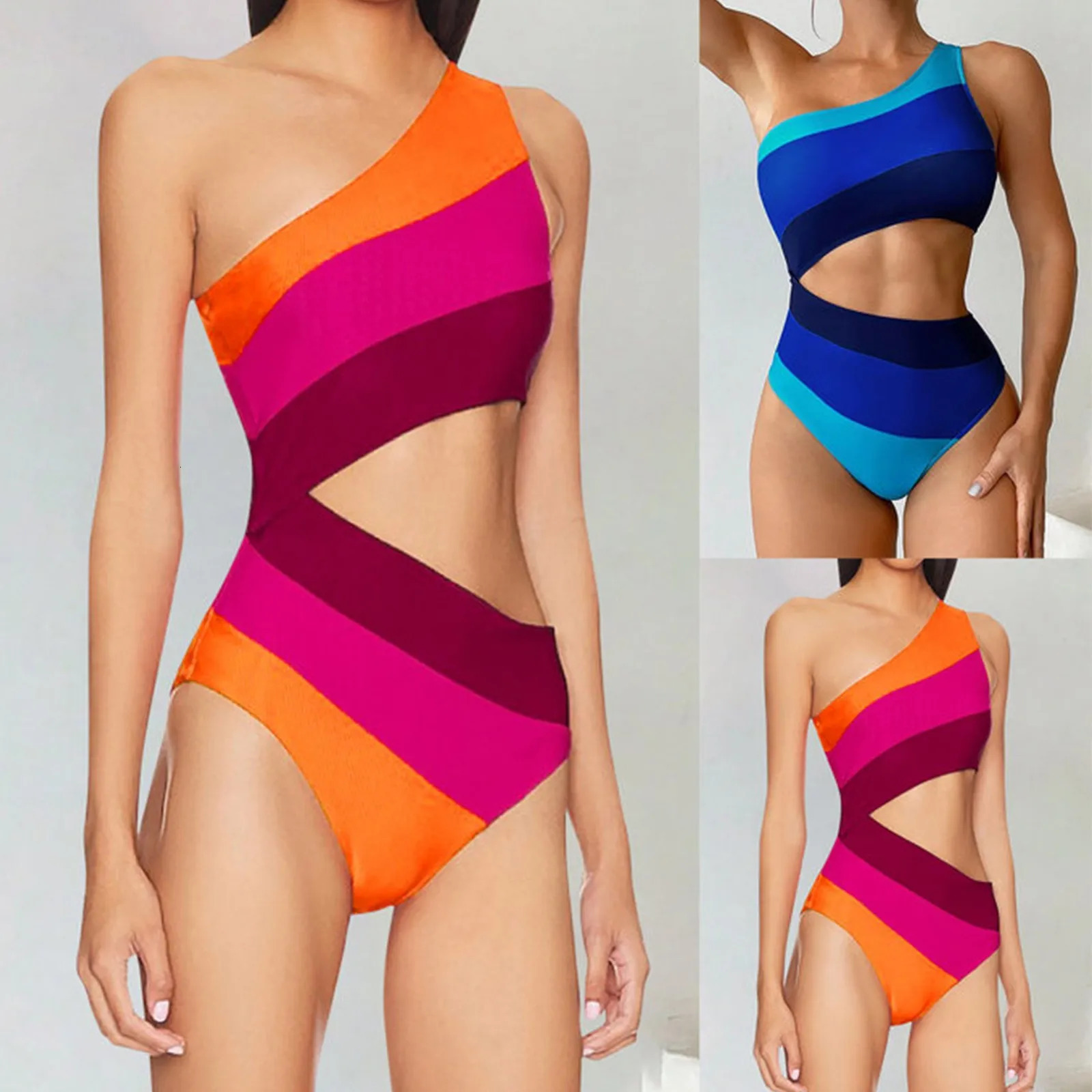 Cutout Color Block Swimwear WomenS Swimsuit One Shoulder Bathing Suit Women 2024 Beach Strappy Bikini 250530