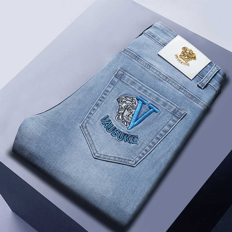 Slim-fitting straight-leg men's jeans, brand men's jeans, stretchable trendy men's pants, embroidered casual style y250607