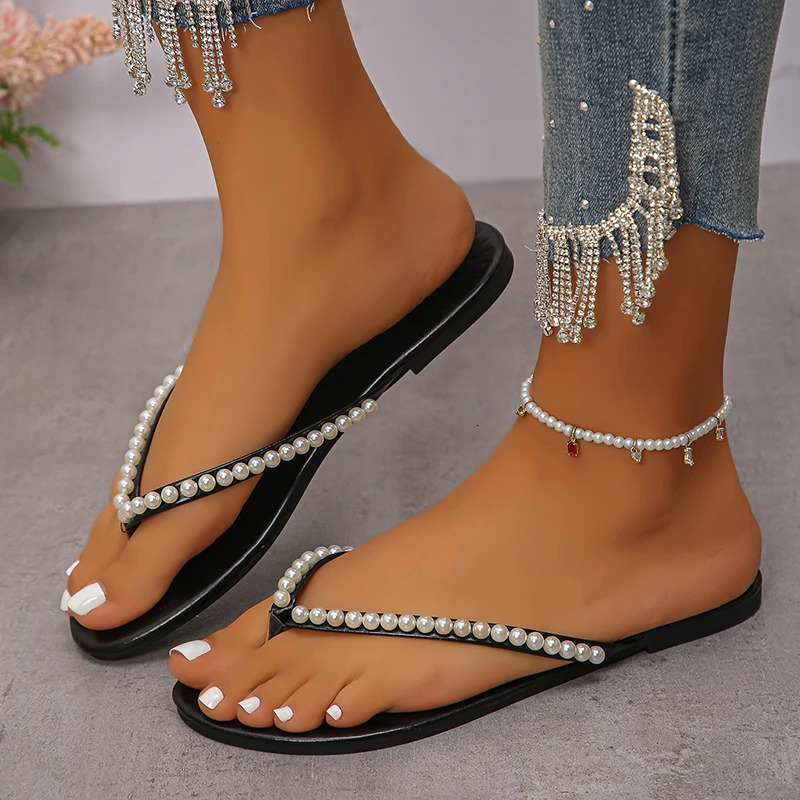 Summer Beach Pearl Decor Flip Flops Women Fashion Black Flat Clip Toe Slippers Female Plus Size Non Slip Pu Leather Slides Mujer 250603