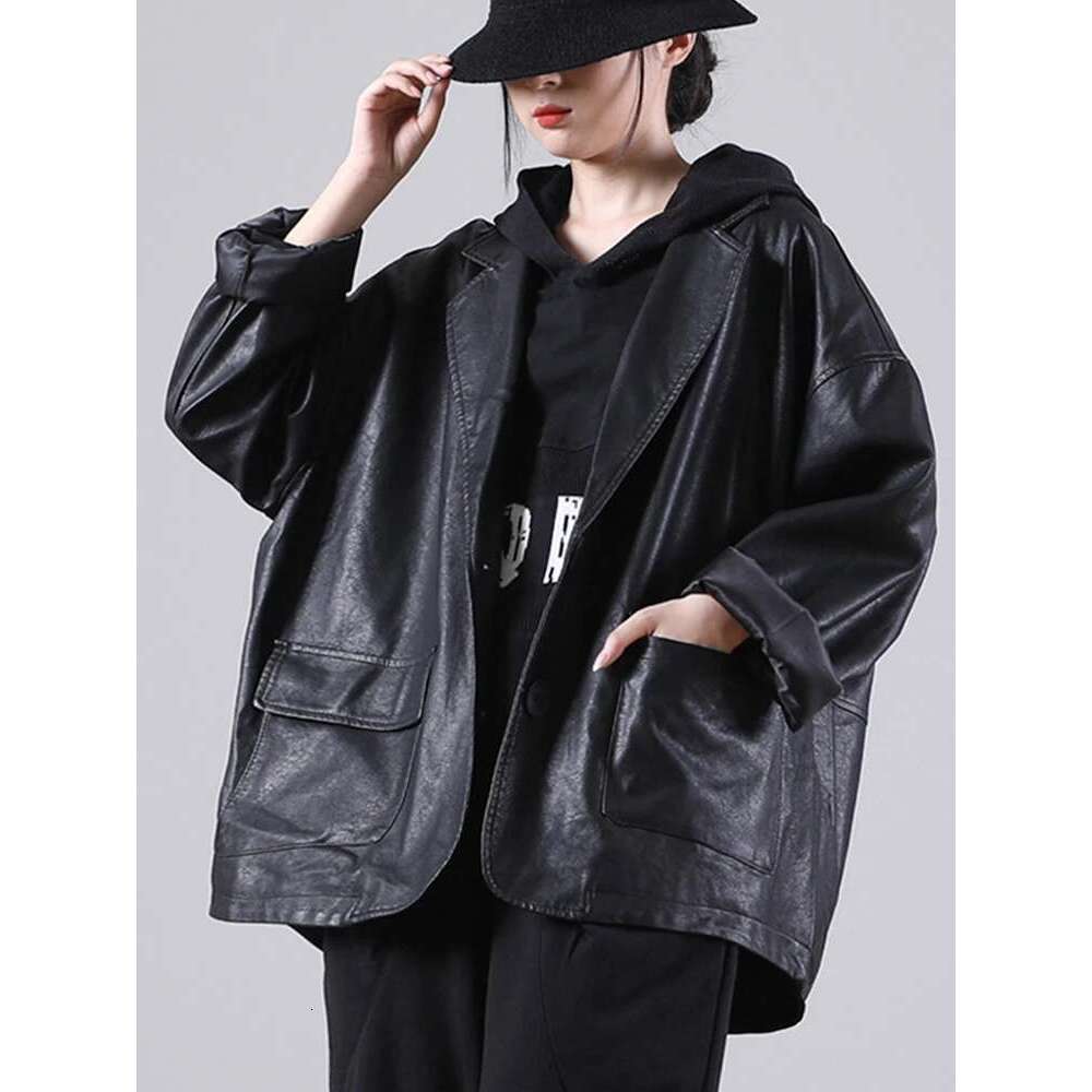 Amax luluE 2025 Autumn England Designer Womens Black Faux Leather Jackets Loose Casual Biker Coat Females Haruku Pu Streetwear