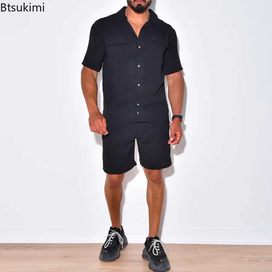 New 2025 Mens Summer Casual Clothing Sets Solid Short Sleeve Pockets Shirt +Shorts Sets Male Cotton Linen Two Piece Suits Sets W250609