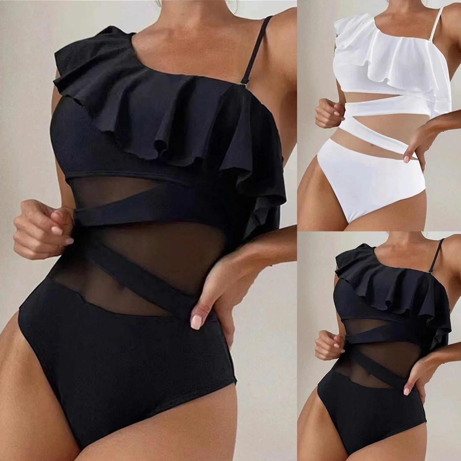 Ruffle Sling Swimsuit Mesh Splicing Solid Color Push Up Summer Bikini High Cut Conservative Beach Vacation Swimwears 250530