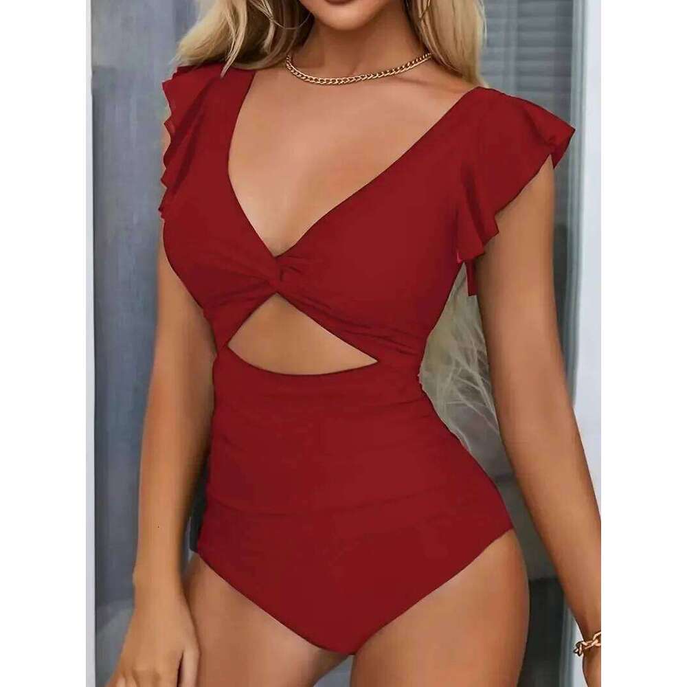 Contrast Mesh One Piece Swimsuit, V Neck Solid Color Backless Tummy Control High Cut Bathing Suit, Women's Swimwear & Clothing