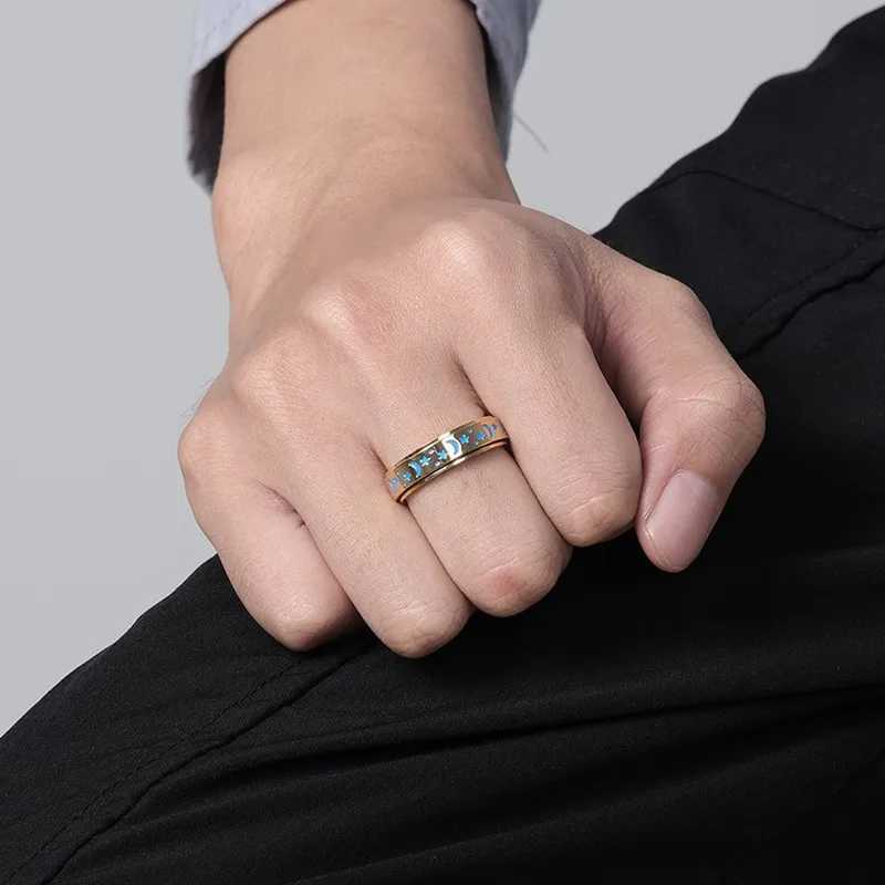 6mm Stainless Steel Glow in the Dark Moon Star Spinner Ring for Women Men Size 4-12 W250606