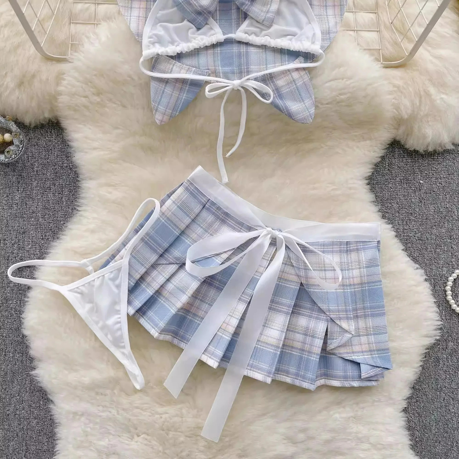 Japan JK Plaid Pleated Skirt Set V-Neck Crop Top Lace Up Short Skirt Sexy Pajama Set Ladys Pink Sleepwear Erotic Lingerie Sets 250603