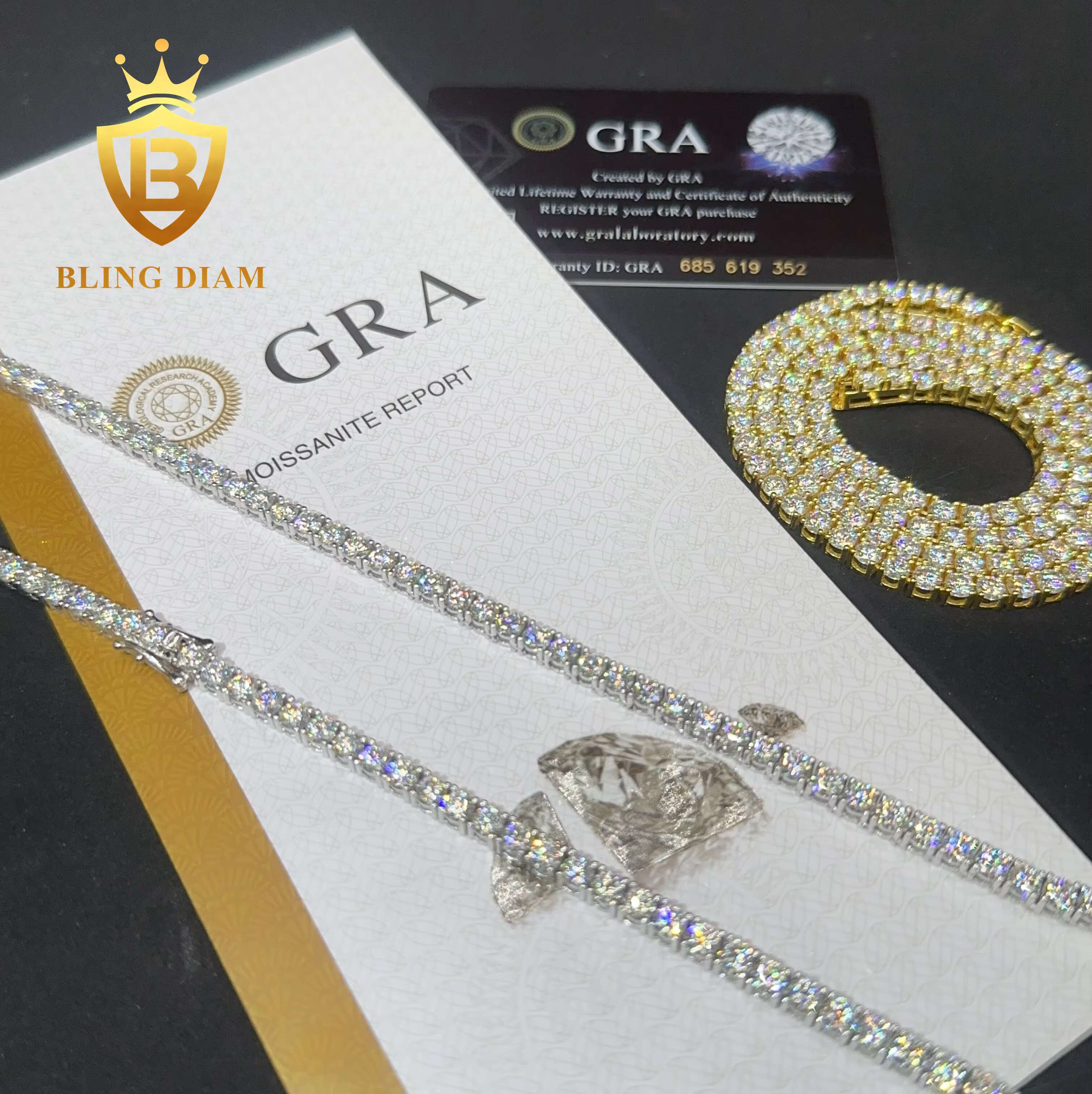 Iced Out 3mm 925 Sterling Silver Hiphop Chain GRA Certified D Color VVS Moissanite Tennis Chain Necklace