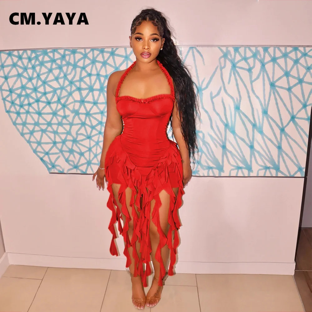 CM.YAYA Women Sleeveless Strapless Halter Long Dress Summer Streetwear Beach Tassel Evening Sexy Night Party Dresses Vestidos 250605