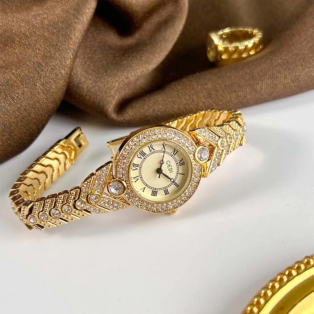 GEDI Womens Vintage Full Diamond Watch - Blue Mother-of-Pearl Dial Quartz Wristwatch Small Elegant 250606