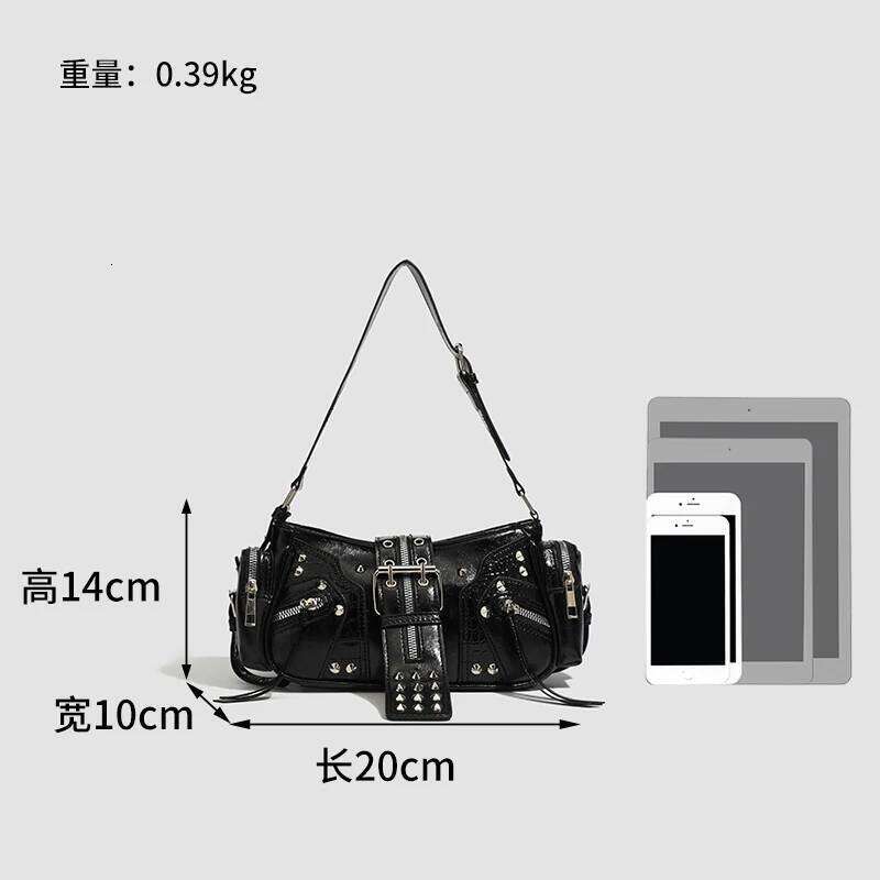 Female retro punk rivet motorcycle PU leather one-shoulder armpit bag designer fashion spicy girl Y2K off-road handbag