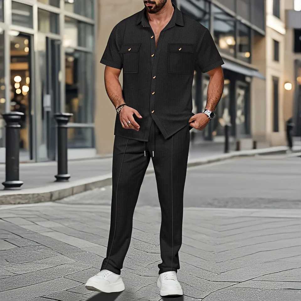 Mens Casual Suit Short-Sleeved Waffle Check Shirt with Pocket Comfortable Solid Color Spring Summer Fashion Two-Piece Set W250609
