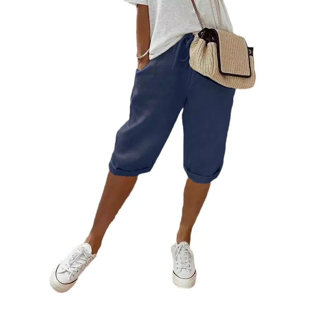 Shorts Women summer cotton linen elastic waist pocket elastic casual pants five quarter womens clothing YRW911 250529