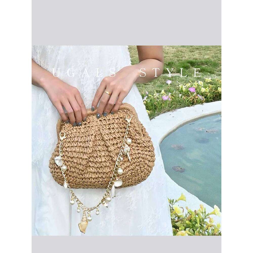 Summer Straw Woven Clutch Bag Women Pearl Chain Bow Purse Vacation Beach Party Wedding Design Evenging Handbag