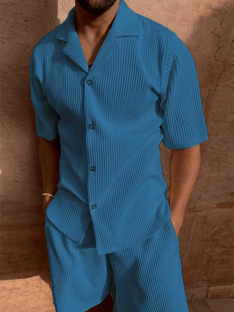 Daily Casual Mens Corduroy Outfits Solid Color Short Sleeve Ribbed Shirt And Shorts Two Piece Suits Men Streetwear Fashion Sets W250609