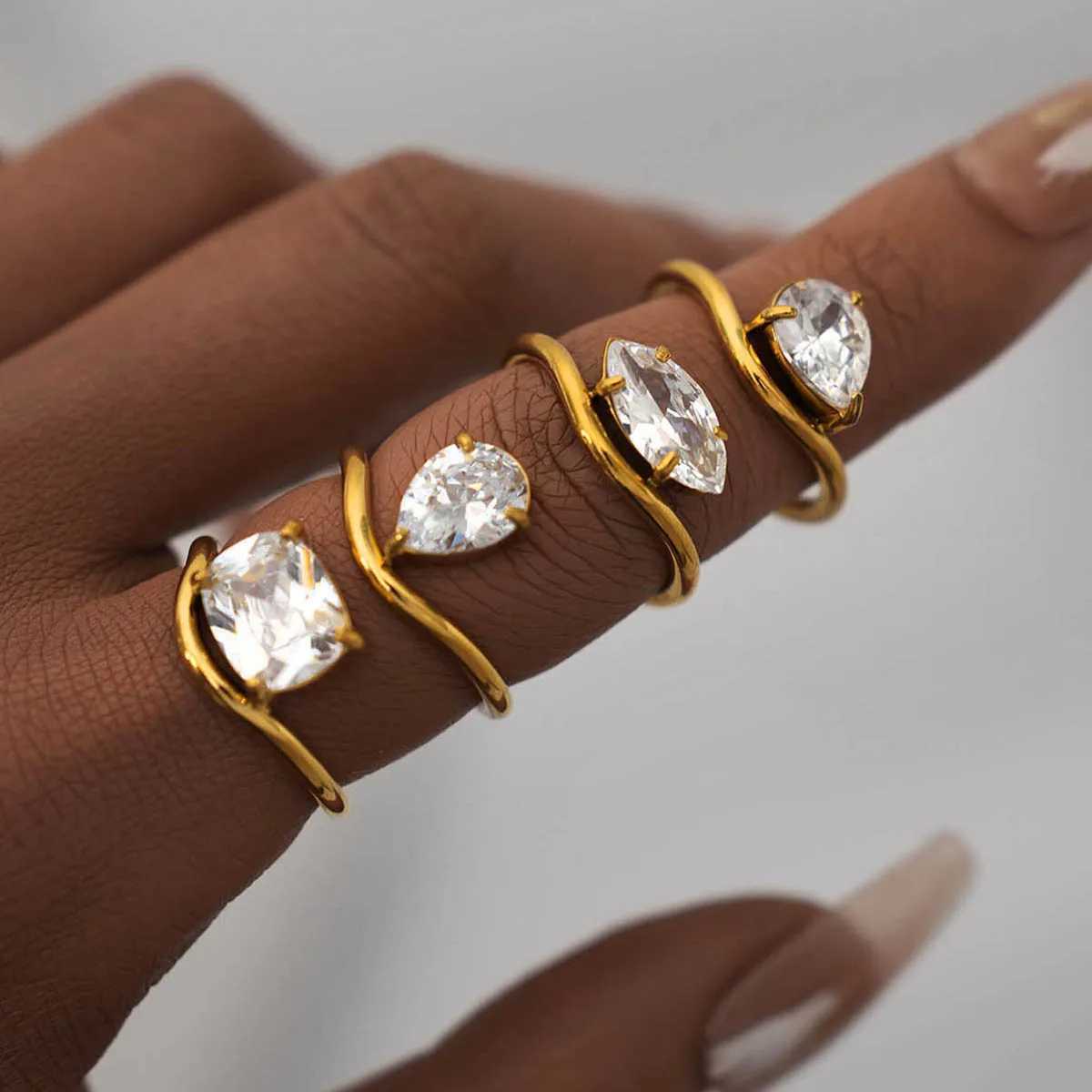 Luxury Shiny AAA Cubic Zirconia Stainless Steel Geometric Rings Waterproof High Quality Textured Jewelry Accessories for Women XJ250606