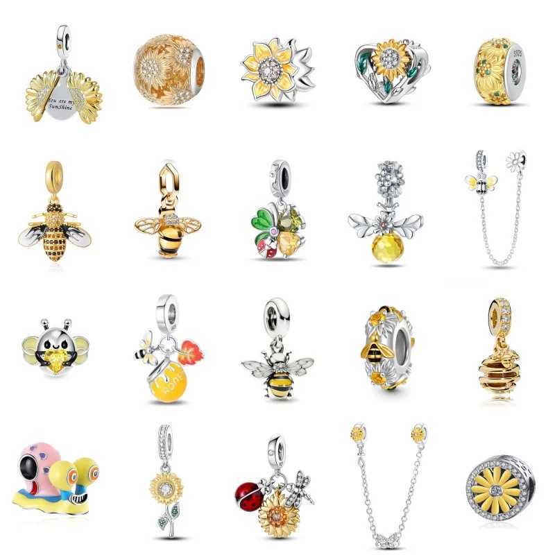 New S Bee Charm sunflower Bead Fit Original Bracelet DIY Accory Jewelry 925Silver women Gift Daisy gold PendantXJ250607