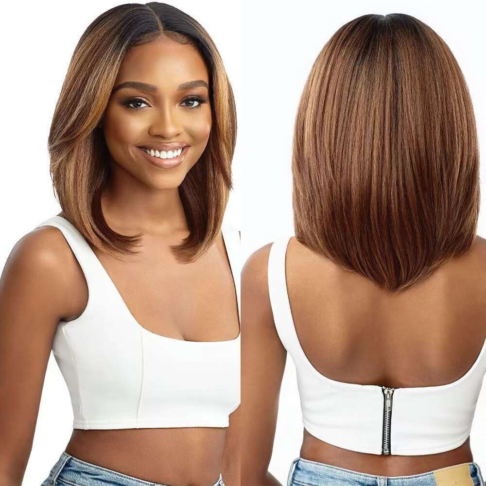 New Short Brown Bobo For Women Face-Slimming Medium Length Curly Hair Middle Part Bangs Full Wig